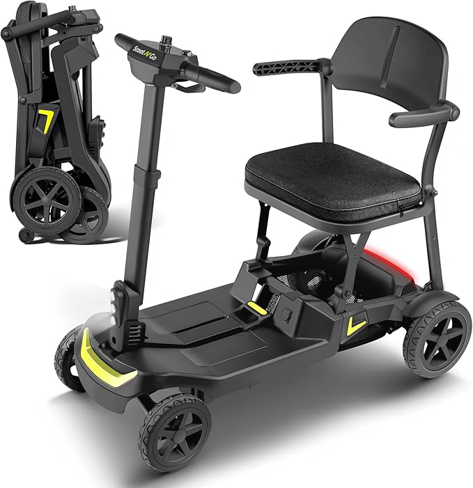 SCOOTNGO Mobility Scooters for Seniors, 4 Wheel Foldable Lightweight Airline Approved Mobility Scooter for Adults, Dual Batteries, Portable, No Assembly Needed (Black Yellow, Standard)