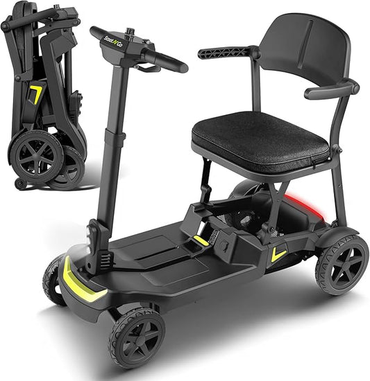 SCOOTNGO Mobility Scooters for Seniors, 4 Wheel Foldable Lightweight Airline Approved Mobility Scooter for Adults, Dual Batteries, Portable, No Assembly Needed (Black Yellow, Standard)