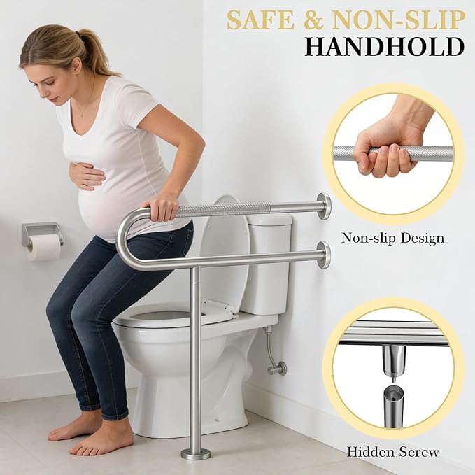 Toilet Grab Bar Support Rail 31.5 Inch, Anti-Slip Knurled Brushed Nickel Safety Bar, Handicap Bathroom Handrails for Elderly Disabled Pregnant, 304 Stainless Steel Wall to Floor