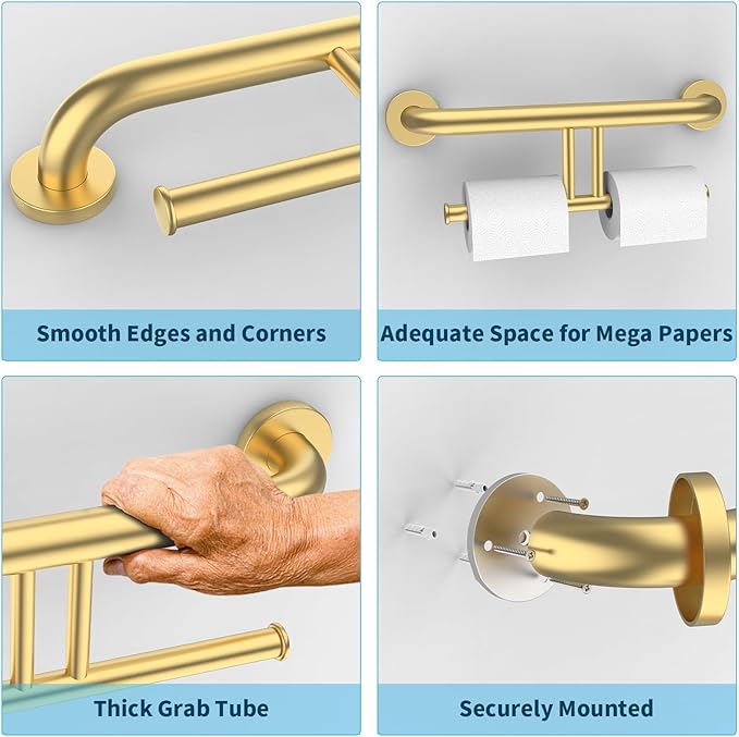 Brushed Gold Grab Bar w/Double Toilet Paper Holder, iHansee Stainless Steel Safety Grab Bar for Bathroom Toilet, Wall Mounted Shower Support Bar for Elderly, Handicap Toilet Tissue Holder