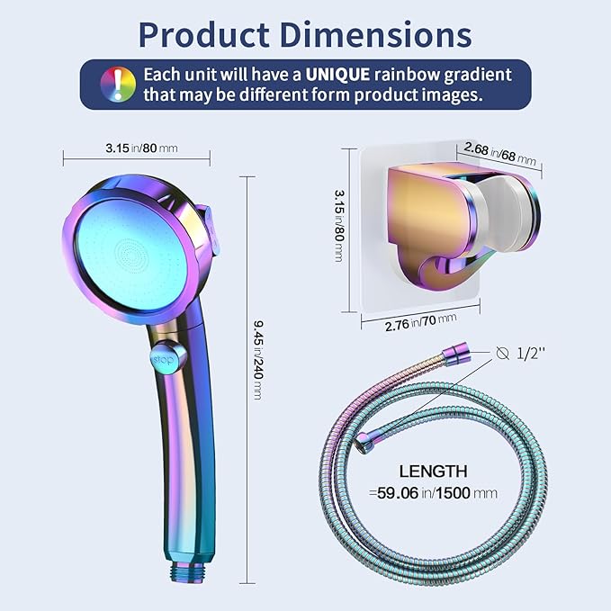 HANLIAN High Pressure Shower Head with Pause Button, 3 Spray Modes Shower Head for RV Camper, Water Saving On Off Shower, Handheld Shower Head with Hose and Holder (Radiant Rainbow)
