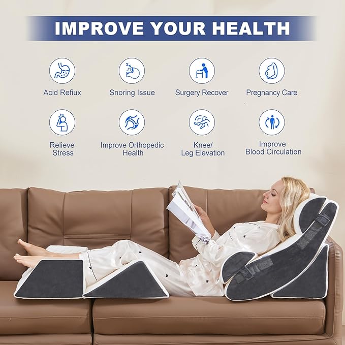 WSOFRLAC 6PCS Multi-Functional Bed Wedge Pillow Kit - 7-in-1 Orthopedic Support for Back/Neck/Legs, Post Surgery Recovery & Sitting Up in Bed, Post Surgery Foam for Body, White Grey