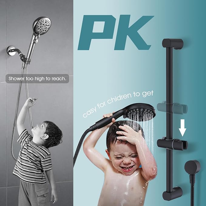 Hand Shower with Slide Bar, High Pressure 10 Setting Handheld Shower Head, Adjustable Height 24" Slide Bar, Wall Supply Elbow and 6.6ft Extra Long Shower Hose - Matte Black