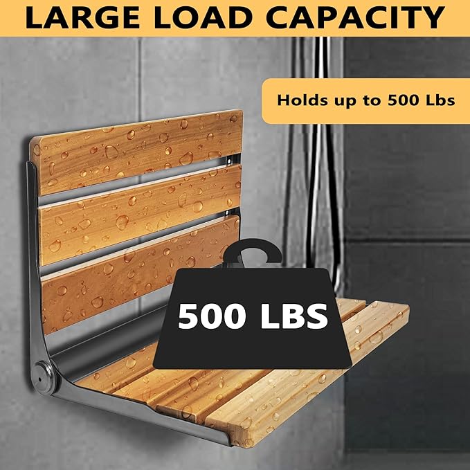 Folding Shower Seat Teak, Bath Safety Furniture Stainless Steel, Shower Seats for Elderly, Fold Down Shower Seat (Black)
