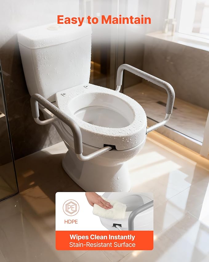 VEVOR Raised Toilet Seat with Arms, 300 lbs Load Capacity, 3.5-Inch Lift Height, Widened Commode Elevated Toilet Seat Riser with Padded Handles for Seniors, Elderly, Handicap, Disabled, and Adults