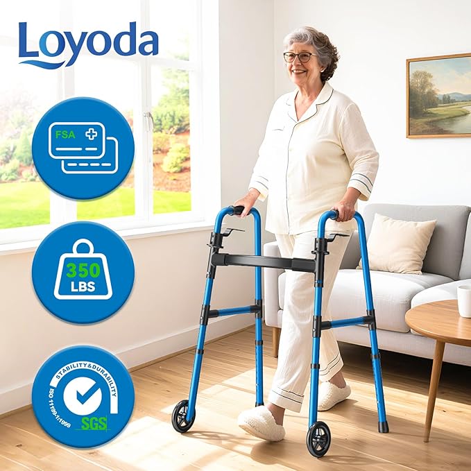 Loyoda Folding Walker with 2 Skis and 5" Wheels, Lightweight Walkers for Seniors and Adults, Supports Up to 350 Pounds, Adjustable Height, Compact Standard Walker, Blue