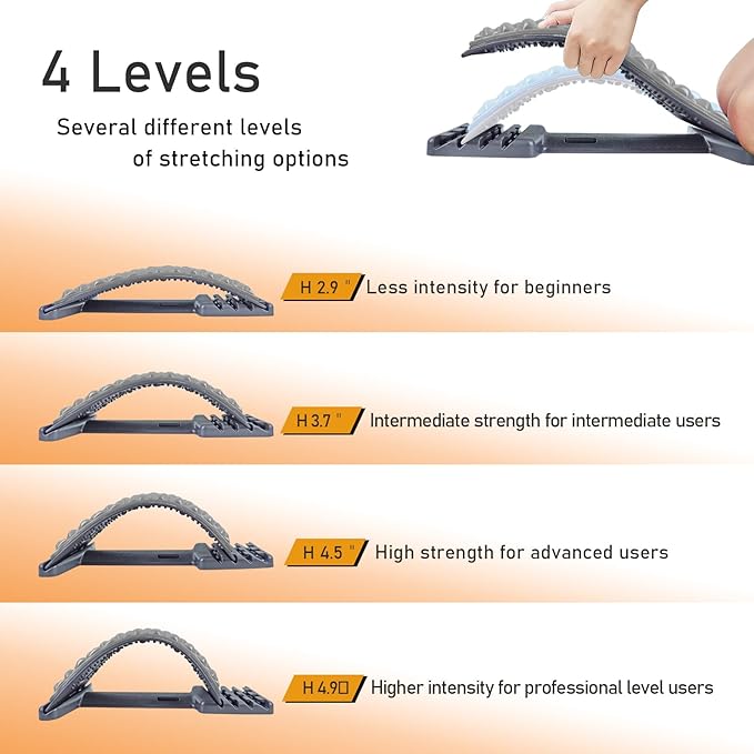 Back Stretcher for Lower Back Pain Relief - 4 Level Adjustable Spine Decompression & Cracking Device, Lumbar Support for Sciatica, Scoliosis and Posture Correction (Gray)