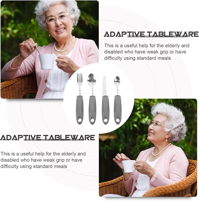 Healifty Anti-Shake Tableware Set with Non-Slip Thick Handle Silverware for Elderly and Disabled Adults - 4-Piece Adaptive Utensils for Hands and Hand Tremors