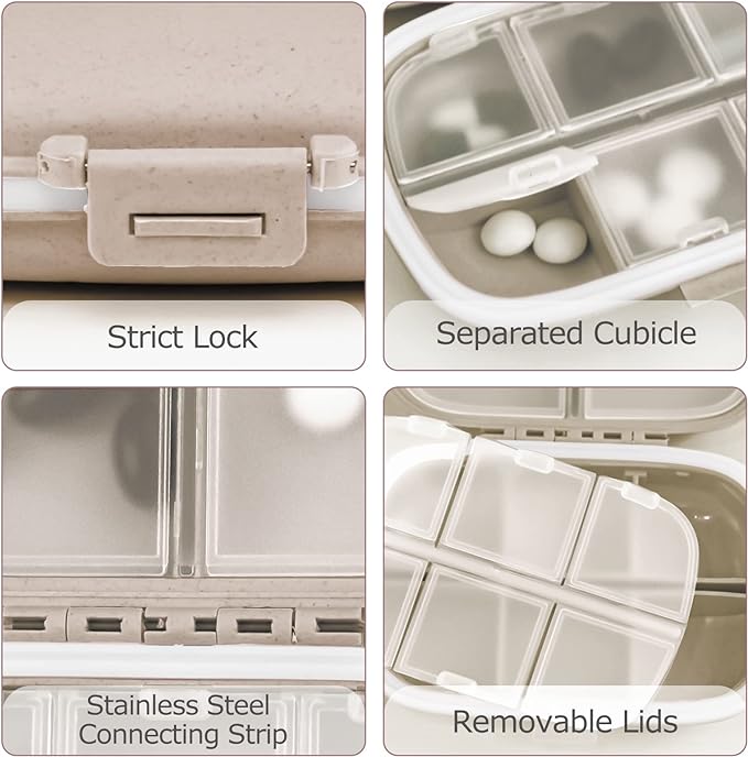 1Pack Travel Pill Organizer, 8 Compartments Portable Pill Case, Small Pill Box for Pocket Purse Portable Medicine Vitamin Container Beige