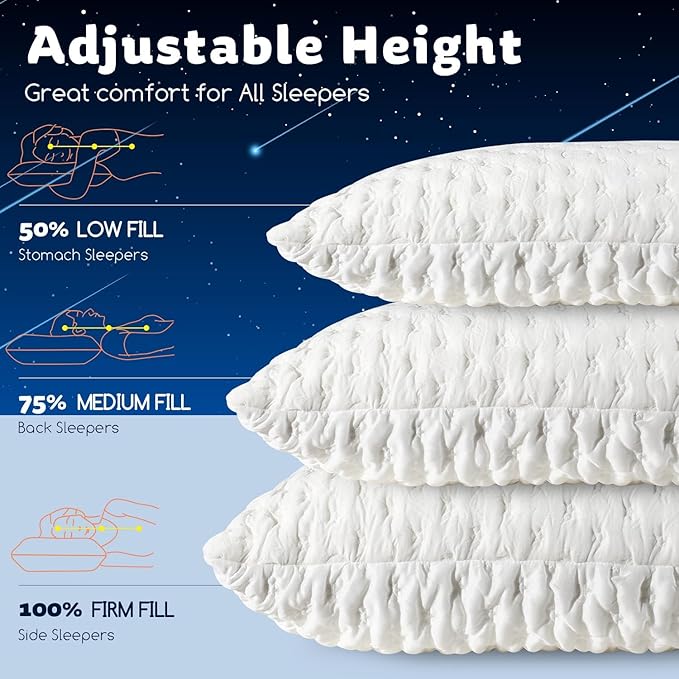 KUCEY Cooling Side Sleeper Pillow for Neck and Shoulder Pain, Luxury Shredded Memory Foam Curved Bed Pillows for Sleeping Set of 2- Adjustable King Size- Washable Cover Crescent White