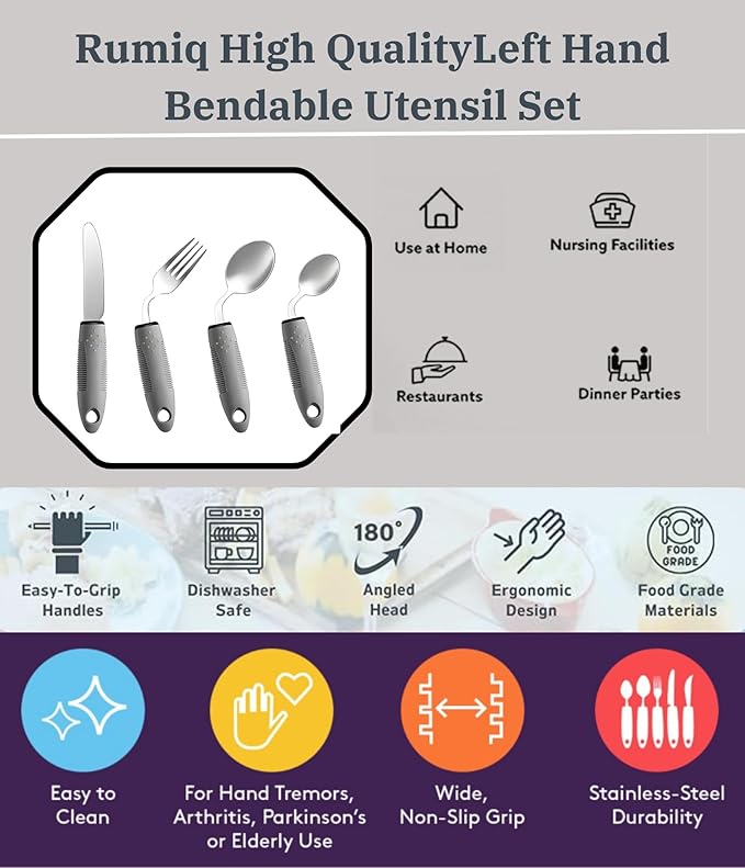 4Pcs Weighted Adaptive Utensils 42° Angled Parkinsons Utensils, Weighted Utensils for Hand Tremors and Parkinsons Patients, Arthritis Silverware for Elderly & Seniors (Left-Hand-Grey)