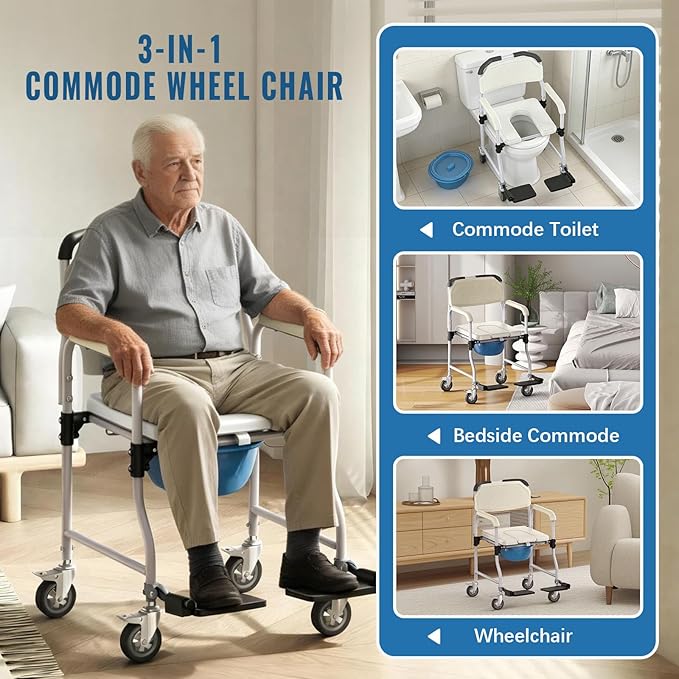 Bedside Commode Chair with 4 Lockable Wheels, 3 in 1 Wheelchair for Bathroom, Portable Toilet with Arms, Padded Seat, Footrests, Backrest for Elderly, Disabled Handicap & Seniors