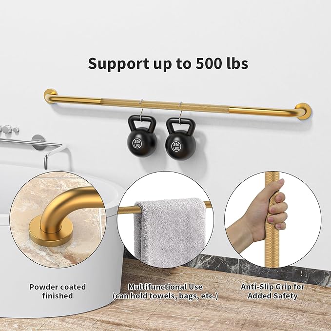 48 Inch Anti Slip Shower Grab Bar, 2 Pack Munzong Bathroom Grab Bar for Showers, Gold Knurled Handicap Balance Bar,Safety Hand Rail Support Elderly Senior Assist Bath Handle