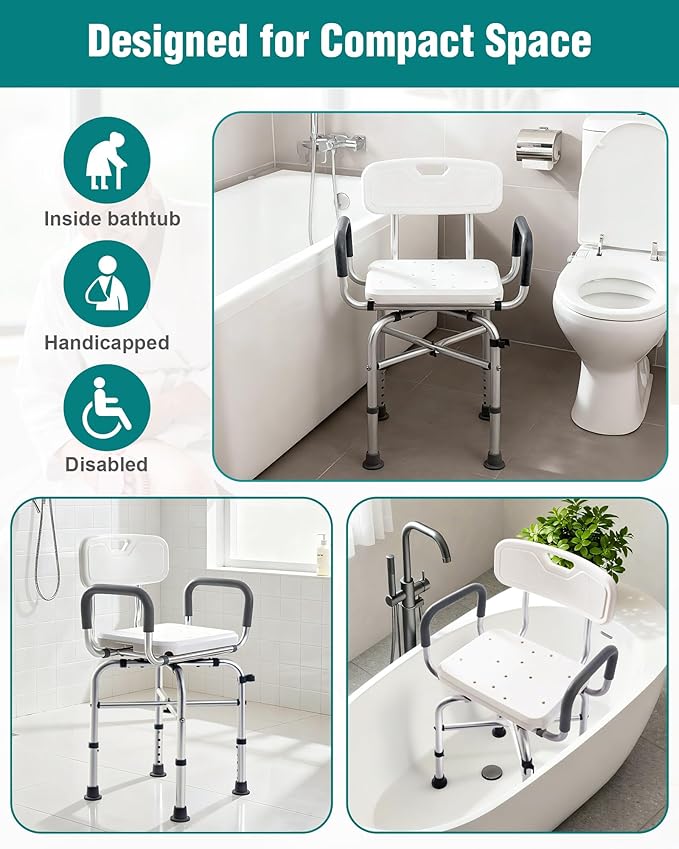 Lamberia Shower Chair for Inside Shower with Arms and Back, 500lbs Heavy Duty 360° Swivel Bathtub Seats, Height Adjustable Safety Bath Seat for Elderly, Adults, Handicap and Disabled(Arms and Back)