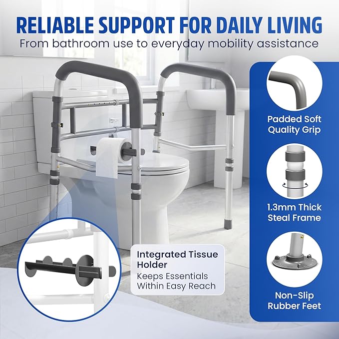 Toilet Safety Rails for Seniors 350lb, Adjustable Height & Width Toilet Bars for Elderly | Foldable Non-Slip Handicapped Toilet Safety Frame, Reinforced 2 C-Clamp Stability – Fits Most Toilets