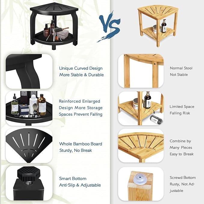 KingPavonini Bamboo Corner Shower Stool for Shaving Legs Foot Rest, Waterproof Bath Bench Seat with Storage Shelf for Bathroom Inside Shower, Hold Up to 450Lbs