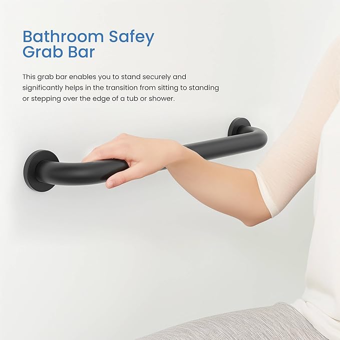 KIBI 24 Inch Curved Grab Bar for Bathroom Safety – Stainless Steel Anti-Slip Wall Mounted Support Rail for Showers, Tubs & Toilets, Senior Balance Aid with Durable Matte Black Finish