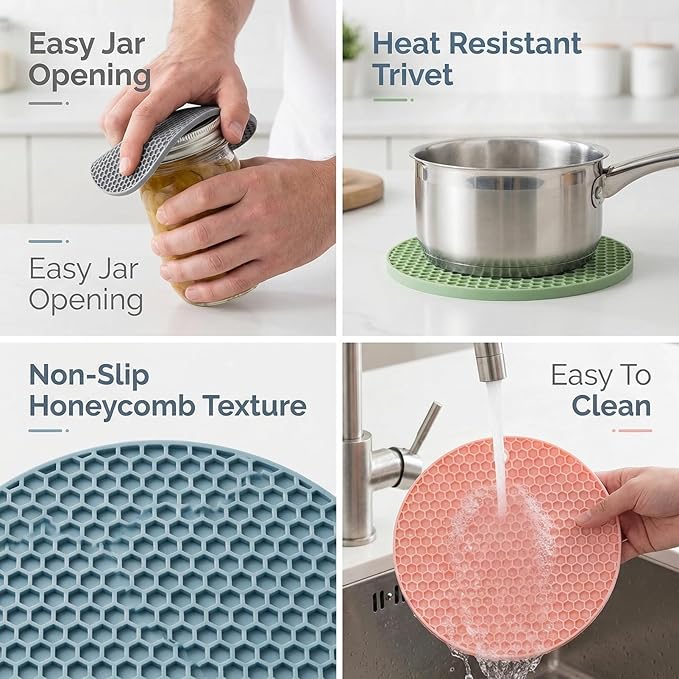4-Pack Silicone Jar Openers and Trivet Mats, Non-Slip Gripper Pads for Seniors and Weak Hands, Round Textured Hot Pads for Kitchen Counter, Hot Dishes, and Easy Lid Opening (17.5cm)