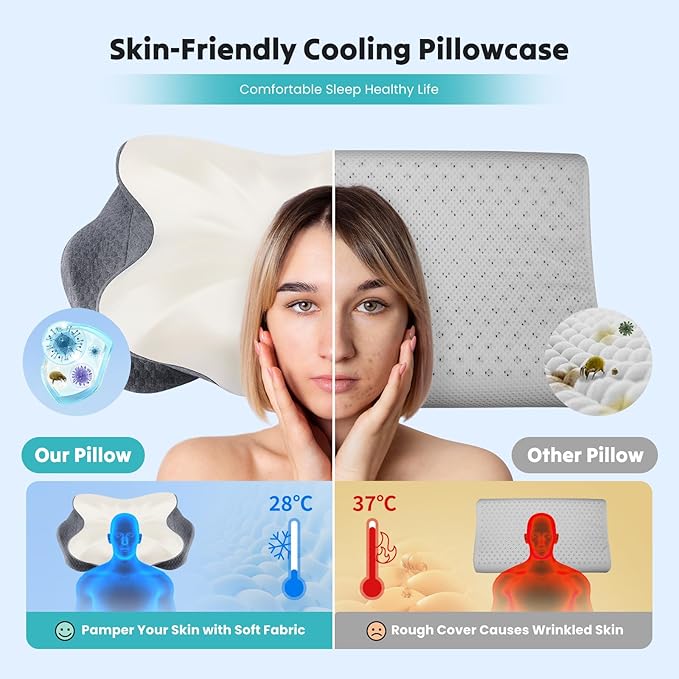 DUMOS Cervical Pillow for Neck and Shoulder, Contour Memory Foam Pillow, Ergonomic Neck Support Pillow for Side Back Stomach Sleepers with Pillowcase