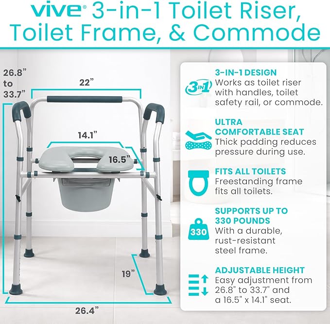 Vive Toilet Seat Riser for Seniors with Handles - Height Adjustable Raised Toilet, Safety Frame for Adults, Commode Chair, Padded Seat, Supportive Armrests (Gray)