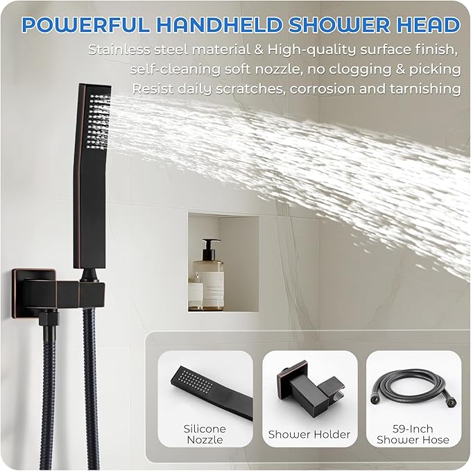 ORB Shower Faucet Set, 10 inch Rain Shower System with Pressure Balance Valve, Wall Mounted 2-Functions Bathroom Shower Systems with Rain Shower and Handheld Spray Shower Trim Included