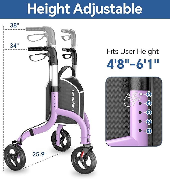 SOUNDFUSE 3 Wheel Walkers for Seniors, Lightweight Foldable Aluminum Rollator Walker, Height Adjustable Three Wheel Walker, Purple