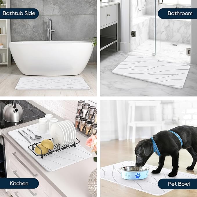 Diatomaceous Earth Stone Bath Mat, Quick Dry Non-Slip Super Absorbent Diatomite Stone Mats for Bathroom (White 1 Pack)