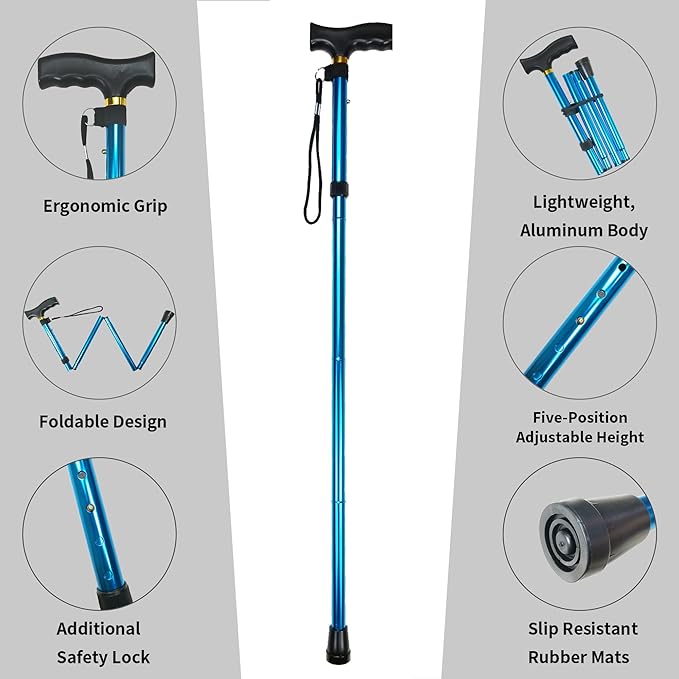 Folding Cane, 5-Level Adjustable Height Lightweight Portable Foldable Walking Canes with Wrist Strap and T Handle for Men Women Seniors