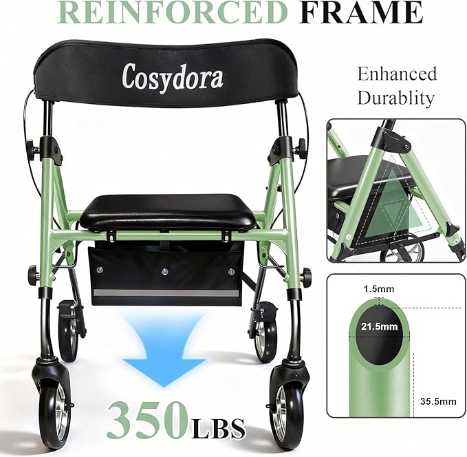 Cosydora Rollator Walkers for Seniors with Seat, 13.6 Lbs Ultra Lightweight Foldable Rolling Walker, 350Lbs Heavy Duty Aluminum, 8" All Terrain Wheels, Dual Adjustable Height, Sage Green