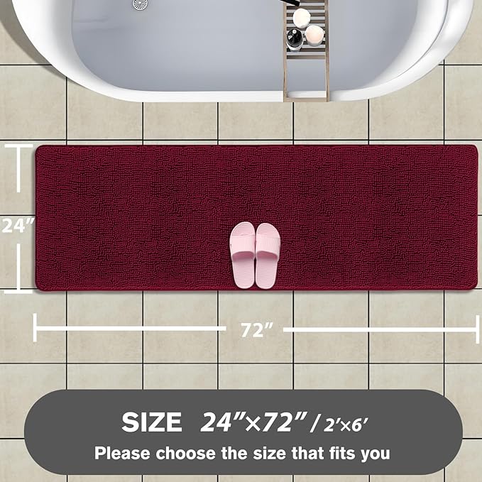 Bathroom Runner Rug 24 x 72 Non Slip – Extra Long Bath Mat | Absorbent and Washable Thick Chenille Runner Rug for Bathroom, Shower, Tub, Sink(Vivid Burgundy)
