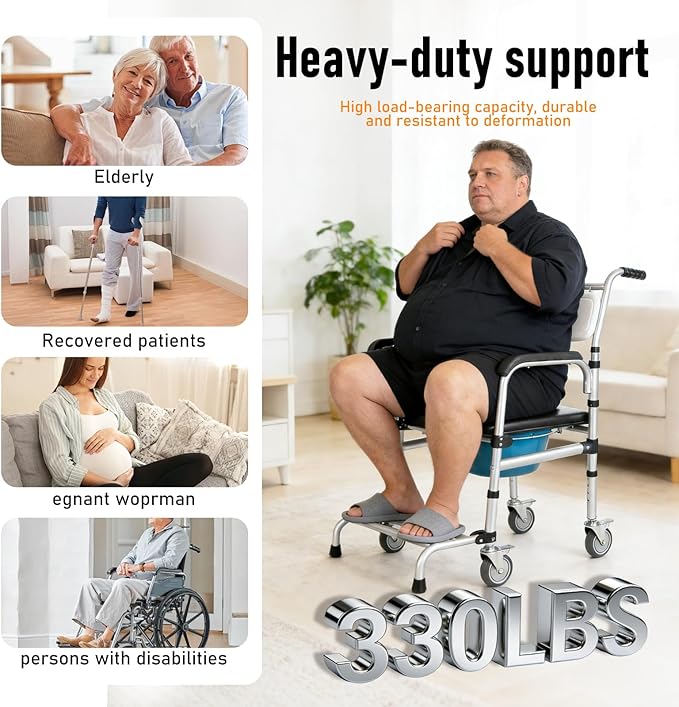Shower Chair with Wheels Aluminum Alloy 4 in 1 Foldable Height Adjustable Shower Wheelchair, Sturdy Rolling Shower Chair with Large Commode for Seniors (White)
