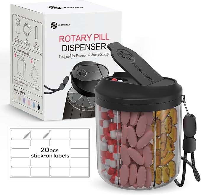 Hionxmga Pill Dispenser with 7 Large Compartments, Pill Organizer for Travel, Supplement Organizer with Anti-Mixing Design, BPA-Free Pill Container with 20 Pcs Labels, Black