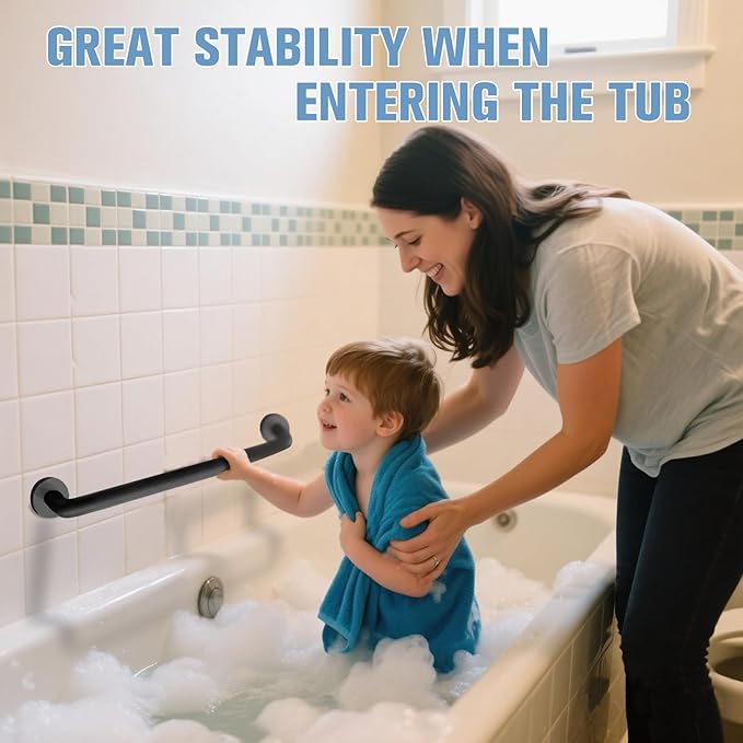 Shower Grab Bar, Anti-Slip Safety Grab Bar for Bathroom Bathtub Toilet 304 Stainless Steel Textured Grip Bath Handle Hand Rail for Elderly (Black, 12" L x 1 1/4" D)