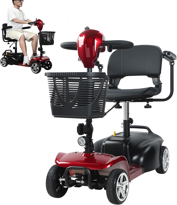 4-Wheel Electric Scooter for Adults | Long Range Mobility Scooter with Basket, Charger & 265 lbs Capacity for Seniors Outdoor Use (Red and Black)