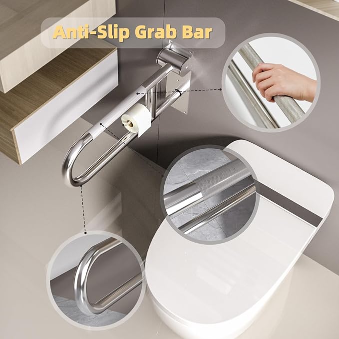 23 Inch Toilet Grab Bar, Flip Up Grab Bar with Paper Holder, Anti-Slip Safety Bars for Toilet, Stainless Steel Knurled Toilet Handles for Seniors Disabled Elderly Pregnant, Brushed Nickel