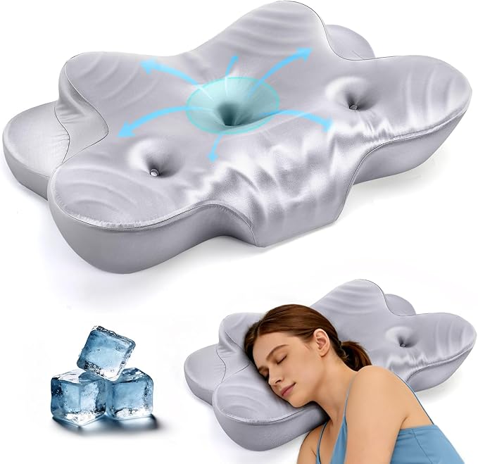 CCidea Dual Ear Relief Zone Contour Pillow, Ice Silk Satin Cervical Memory Foam Pillow for Sleeping, Ergonomic Neck Support for Side, Back & Stomach Sleepers