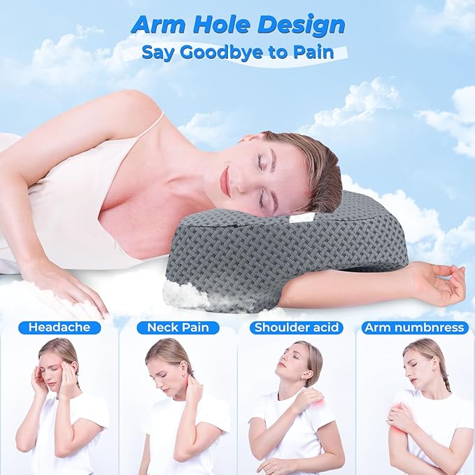 SAHEYER Side Sleeper Pillow with Arm Hole, Upgraded Memory Foam Shoulder Pillow for Neck Pain Relief, Adjustable Multi-Angle Arm Tunnels Support for Adults Pressure-Free Sleep (Grey)