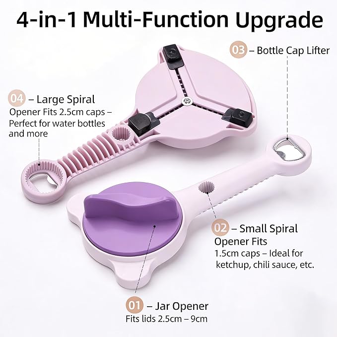 New 4-in-1 Retractable Jar & Bottle Opener, Adjustable Stainless Steel Lid Remover with Non-Slip Grip for Seniors, Multi-Functional Jar Opener with Ergonomic Handle for Kitchen Jars Cans Bottles(Gray)