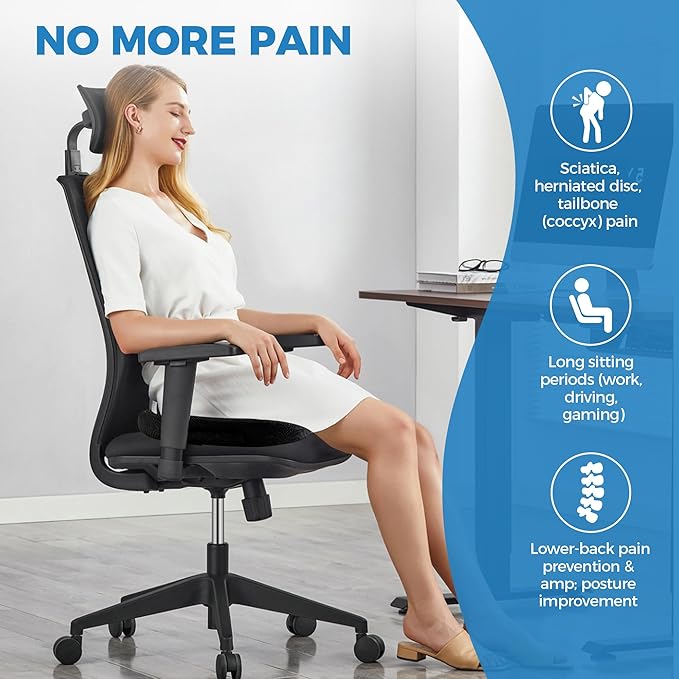 Extra Large Memory Foam Seat Cushions for Office Chairs, Car, Airplane, Wheelchair– Relieves Lumbar, Orthopedic, Sciatic, Coccyx and Back Pain – Comfortable Non-Slip – Bonus Carry Bag Included (Black)