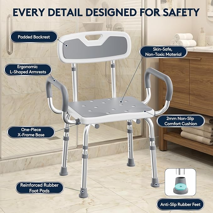 UNILEAF Shower Chair for Inside Shower with Arms and Back, Adjustable Height Shower Chair for Elderly and Disabled Adults, 450 lb Capacity, Non-Slip Shower Seat, FSA/HSA Eligible