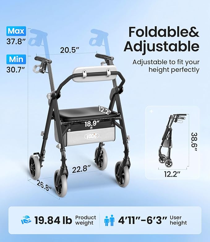 VOCIC Walkers for Seniors, Z11 Rollator Walker with Seat, Max 380 lbs, Avant Walkers with Ergo Seat & Backrest, Foldable Rollator Adjustable Height, All Terrain Walker, Lightweight