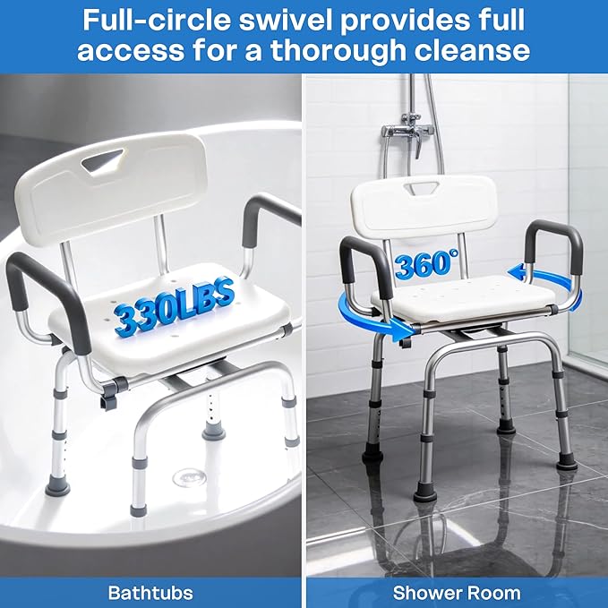 Vie Triomphe 360° Swivel Shower Chair with Arms and Back, Height Adjustable Bath Seat for Inside Shower or Tub, Shower Chair for Seniors, Elderly & Disabled, Safer Entry and Exit