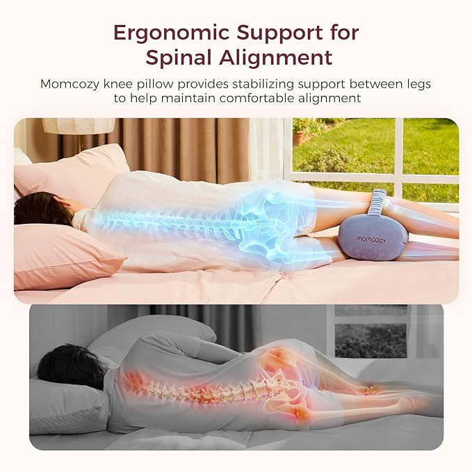 Momcozy Knee Pillow for Side Sleepers, Soft Memory Foam & Pinch-Free Design, Relieve Knee, Leg and Sciatica Pain, Adjustable Elastic Strap Ideal for Pregnant Women and Seniors, Crystal Velvet in Gray