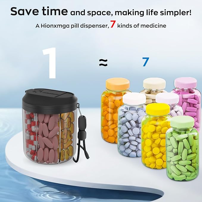 Hionxmga Pill Dispenser with 7 Large Compartments, Pill Bottle Organizer for Travel, Supplement Organizer with Anti-Mixing Design, Pill Container with 20 Pcs Labels, Black 2Pcs