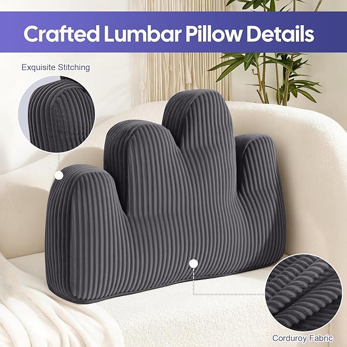 Lumbar Support Pillow for Recliner, Back Support Pillow for Office Chair, Ergonomic Corduroy Lumbar Pillow with Shredded Foam, Lower Back Pain Relief for Gaming Chair, Couch, Dark Grey