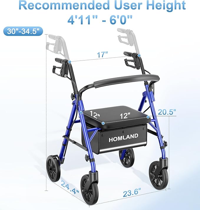 16 Pounds Lightweight Walkers for Seniors with Seat, Narrow Rolling Walker with 4 Puncture-Resistant Wheels, 5-Level Height Adjustable, 300 lbs Weight Capacity (Blue)