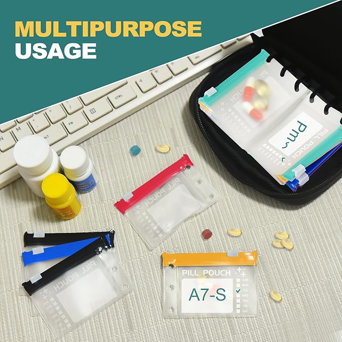 Timueetech A7 Waterproof Pill Organizer with 14 S Zippered Pill Pouches for A7 Binder, Small BPA-Free Weekly Medicine Organizer, Color-Coded Reusable Travel Pill Storage System