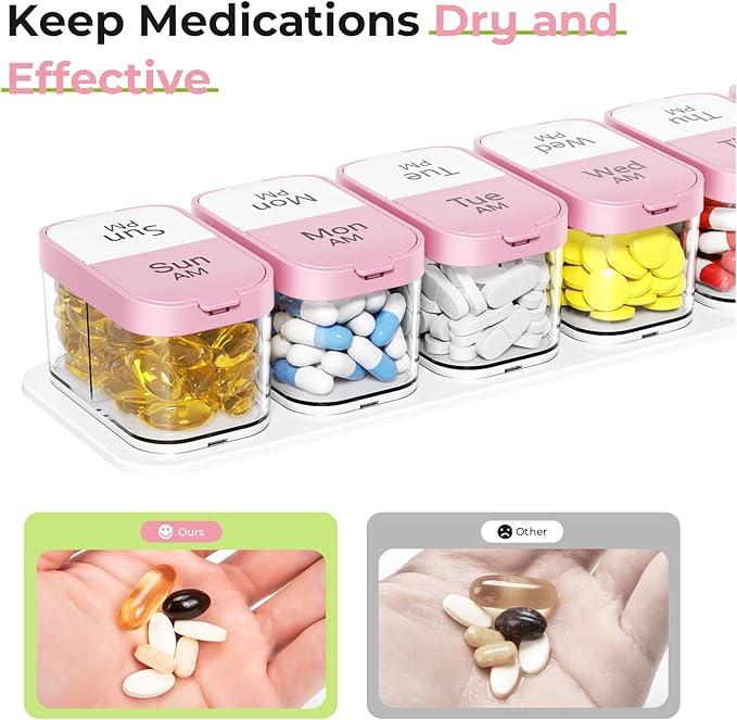 Odaro Extra Large Weekly Pill Organizer 2 Times A Day, Pill Box 7 Day Am Pm to Hold Daily Medicine Vitamin and Supplements - Pink