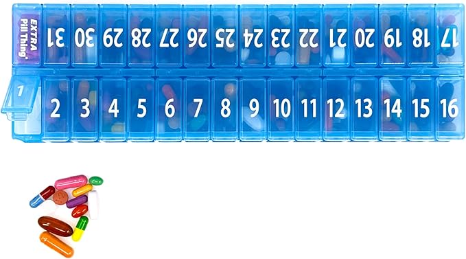 XL Monthly Pill Organizer, Once-a-Day 31-Day Medication Storage Box w/Removable Lid, Extra Compartment for Additional Pills, BPA-Free (XL Blue – 1 Count)
