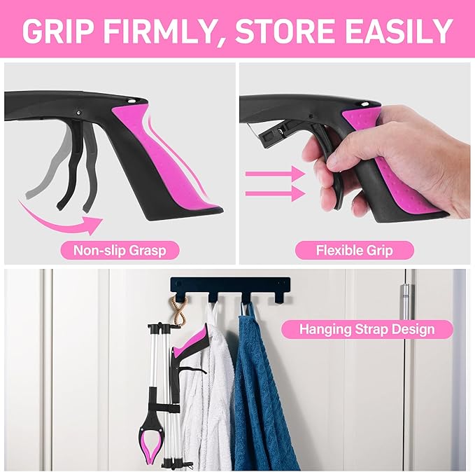 Grabber Reacher Tool for Seniors, 36" Foldable Reacher Grabbers Pickup Stick with Anti-Slip 360° Rotating Jaw, with Magnet for Disabled, After Surgery Recovery (Pink, 36inch 2pack)